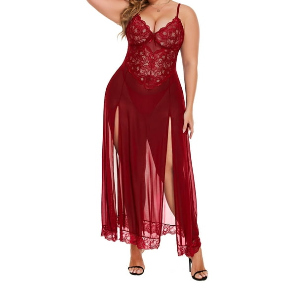 Avidlove Women Plus Size Lingerie Long Lace Nighty Sexy Mesh Nightdress Side Split Nightgown Sleepwear