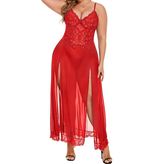 Avidlove Women Plus Size Lingerie Long Lace Nighty Sexy Mesh Nightdress Side Split Nightgown Sleepwear