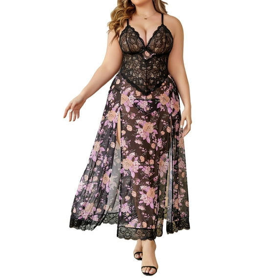 Avidlove Women Plus Size Lingerie Long Lace Nighty Sexy Mesh Nightdress Side Split Nightgown Sleepwear