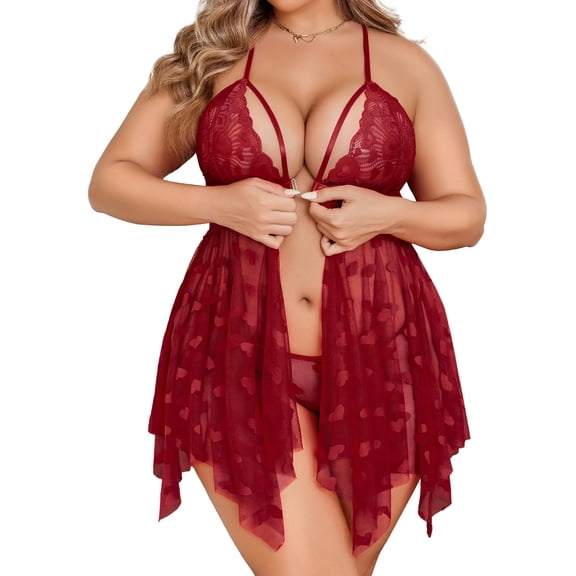 Avidlove Women Plus Size Lingerie Nighty Lace Chemise Sleepwear Deep V Front Slit Mesh Nightdress