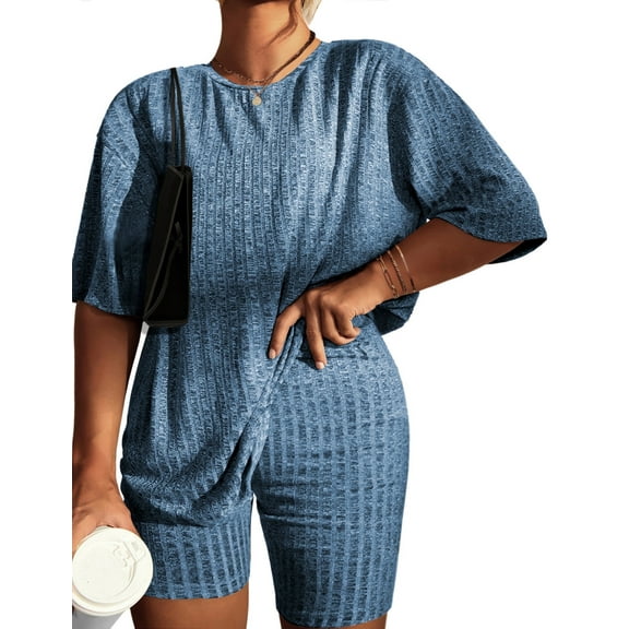 Avidlove Women Plus Size Pajamas Set Ribbed Knit 2 Piece Lounge Sets T-shirt with Biker Shorts Matching Outfits Loungewear Sweatsuits