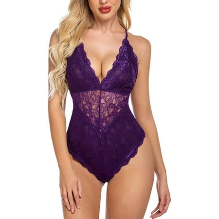 Avidlove Women Purple Lingerie Snap Crotch Lace Bodysuit One Piece Lace Underwear(Purple,S)