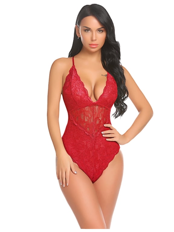 Women Red Lingerie Sexy Lace Bodysuit One Piece Underwear(Red,XXL)
