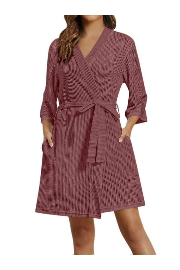 Women Robes Knee Length Waffle Knit Soft Bathrobe Lightweight Loungewear