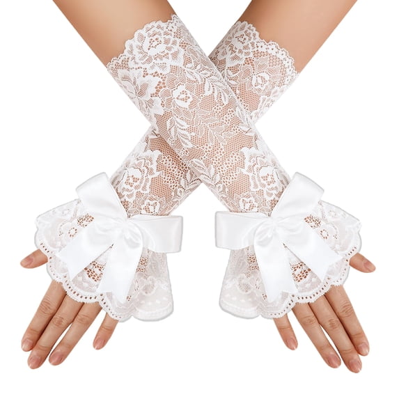 Avidlove Women Ruffle Bow Lace Gloves Fingerless Mid Elbow Sleeve Costume Wedding Opera Tea Party Prom Cosplay Gothic