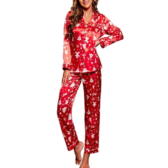 Avidlove Women Satin Pajama Set Silky Long Sleeve Sleepwear Christmas Pj Set Button Down Nightwear S-XXL