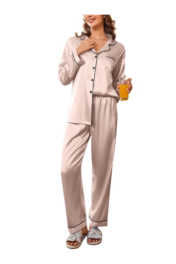 Women Satin Pajama Set Silky Long Sleeve Sleepwear Soft Pj Set Button Down Nightwear S-XXL