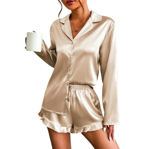 Avidlove Women Satin Pajama Sets Pink Leopard Long Sleeve Button Down Tops and Ruffle Shorts Pjs Silk Lounge Set Notch Collar Sleepwear