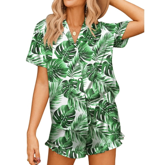 Avidlove Women Satin Pajamas Set Short Sleeve Shirts with Boxer Ruffle Shorts 2 Piece Pj Sets Soft Sleepwear Button Down Nightwear Loungewear S-XXL,Leaf