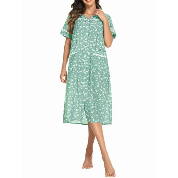Avidlove Women Snap Front Dusters Housecoat Cotton Long Nightgown Short Sleeve House Robe Dress with Pockets