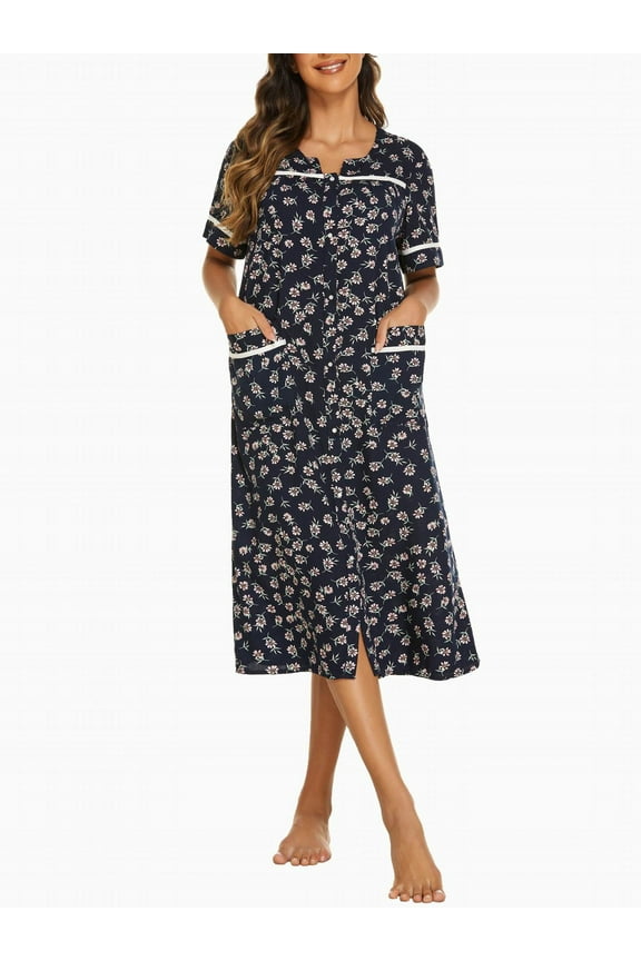 Women Snap Front Dusters Housecoat Cotton Long Nightgown Short Sleeve House Robe Dress with Pockets