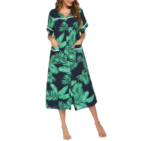 Avidlove Women Snap Front Dusters Housecoat Cotton Long Nightgown Short Sleeve House Robe Dress with Pockets