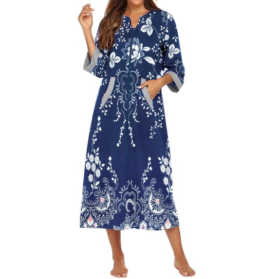 KISSGAL Women Zipper Front Robes 3/4 Sleeve Housecoat Full Length Loungewear Dress with Pocket Long Nightgown Sleepwear Bathrobes