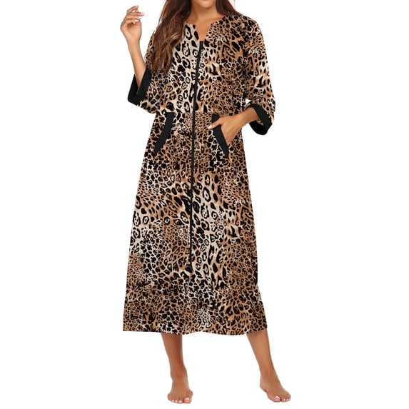KISSGAL Women Zipper Front Robes 3/4 Sleeve Housecoat Full Length Loungewear Dress with Pocket Long Nightgown Sleepwear Bathrobes