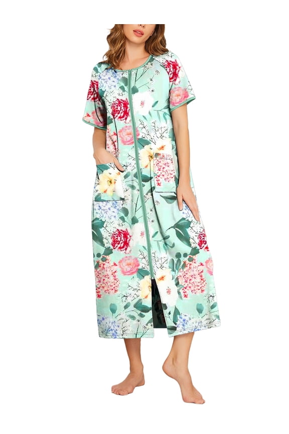 Women Zipper Front Robes Full Length Housecoat Short Sleeve Bathrobes with Pocket Loungewear