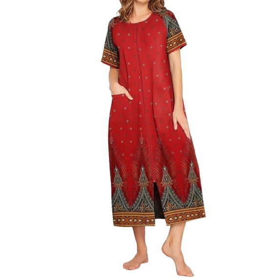 Avidlove Women Zipper Front Robes Full Length Housecoat Short Sleeve Bathrobes with Pocket Loungewear
