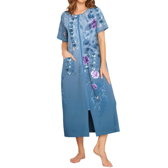 Avidlove Women Zipper Front Robes Full Length Housecoat Short Sleeve Bathrobes with Pocket Loungewear