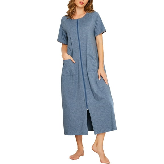 Avidlove Women Zipper Front Robes Full Length Housecoat Short Sleeve Bathrobes with Pocket Loungewear