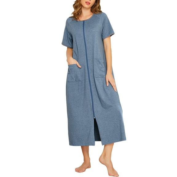Avidlove Women Zipper Front Robes Full Length Housecoat Short Sleeve Bathrobes with Pocket Loungewear