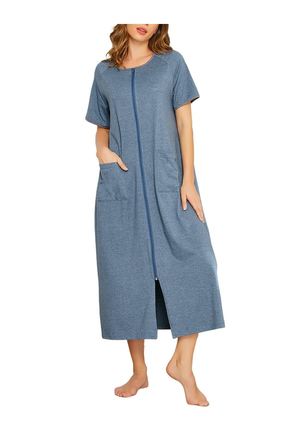 Women Zipper Front Robes Full Length Housecoat Short Sleeve Bathrobes with Pocket Loungewear