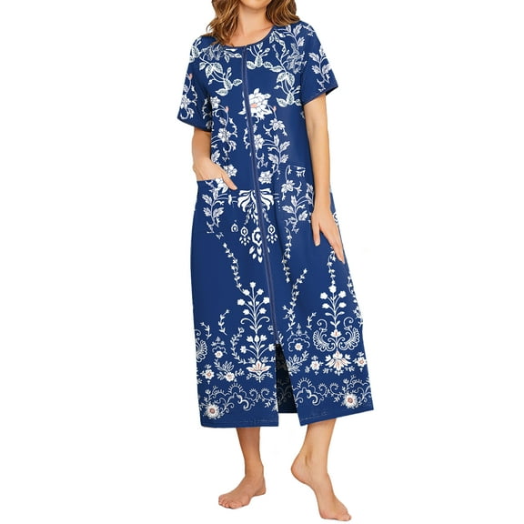 Avidlove Women Zipper Front Robes Full Length Housecoat Short Sleeve Bathrobes with Pocket Loungewear