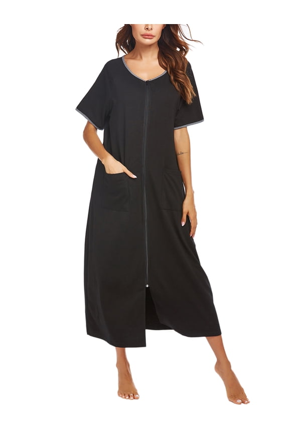 Women Zipper Front Robes Full Length Housecoat Short Sleeve Bathrobes with Pocket Loungewear