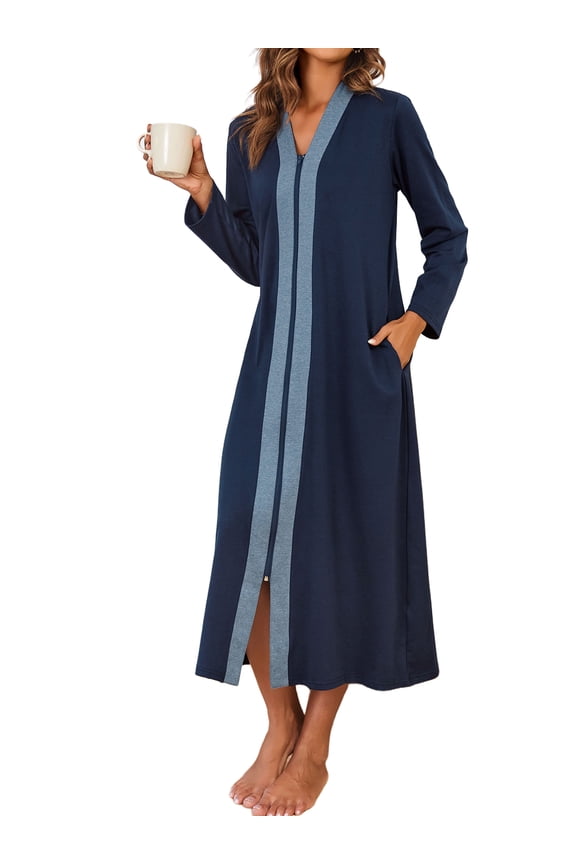 Women Zipper Front Robes Long Sleeve Housecoat Lightweight Full Length Nightgowns Sleepwear with Pockets