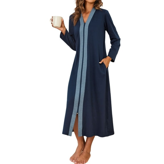 Avidlove Women Zipper Front Robes Long Sleeve Housecoat Lightweight Full Length Nightgowns Sleepwear with Pockets