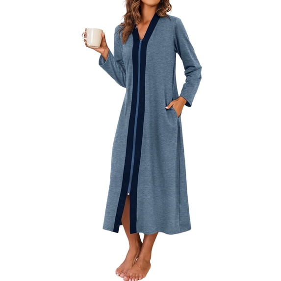 KISSGAL Women Zipper Front Robes Long Sleeve Housecoat Lightweight Full Length Nightgowns Sleepwear with Pockets