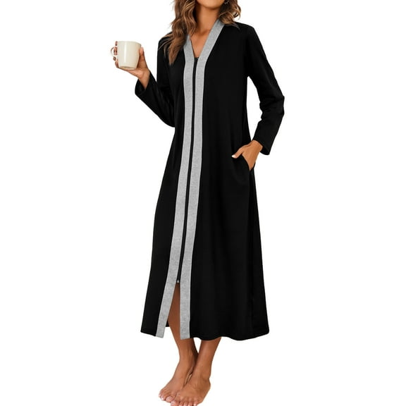 Avidlove Women Zipper Front Robes Long Sleeve Housecoat Lightweight Full Length Nightgowns Sleepwear with Pockets
