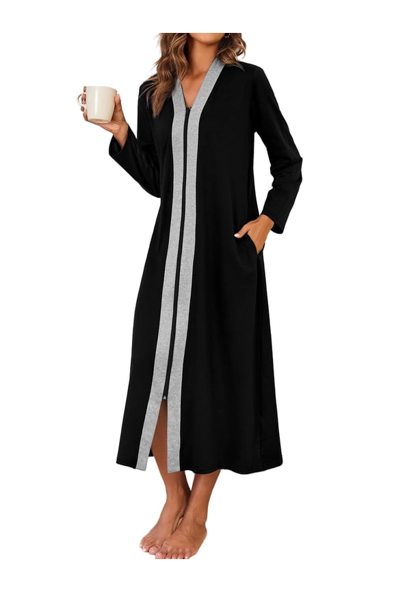 Women Zipper Front Robes Long Sleeve Housecoat Lightweight Full Length Nightgowns Sleepwear with Pockets
