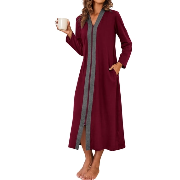 KISSGAL Women Zipper Front Robes Long Sleeve Housecoat Lightweight Full Length Nightgowns Sleepwear with Pockets
