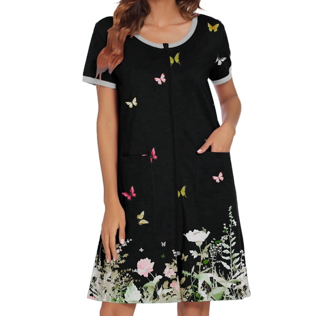 Avidlove Women Zipper Front Robes Short Sleeve House Coat Zip Up Short Loungewear Dress with Pockets Nightgown Sleepwear Bathrobes