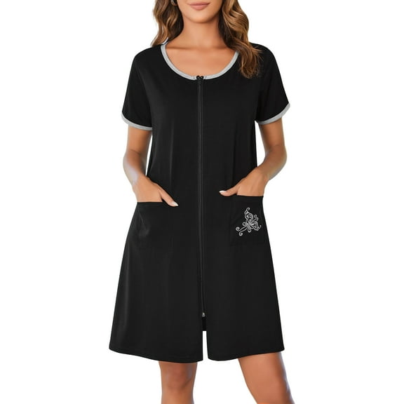 Avidlove Women Zipper Front Robes Short Sleeve House Coat Zip Up Short Loungewear Dress with Pockets Nightgown Sleepwear Bathrobes