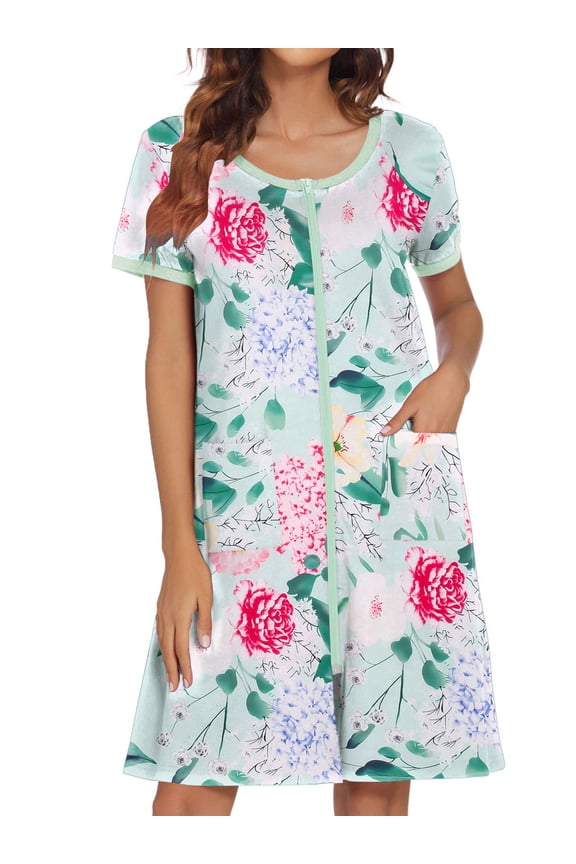 Women Zipper Front Robes Short Sleeve House Coat Zip Up Short Loungewear Dress with Pockets Nightgown Sleepwear Bathrobes