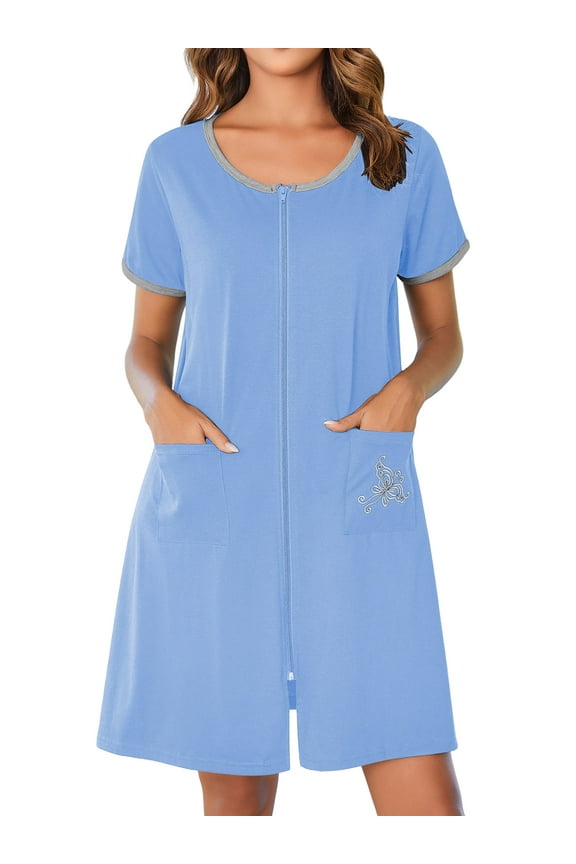 Women Zipper Front Robes Short Sleeve House Coat Zip Up Short Loungewear Dress with Pockets Nightgown Sleepwear Bathrobes