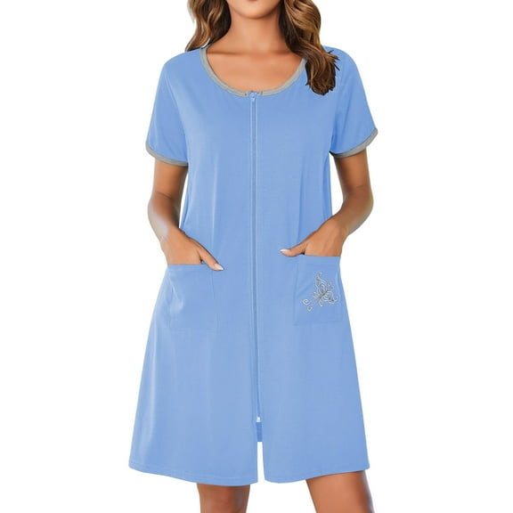 Avidlove Women Zipper Front Robes Short Sleeve House Coat Zip Up Short Loungewear Dress with Pockets Nightgown Sleepwear Bathrobes