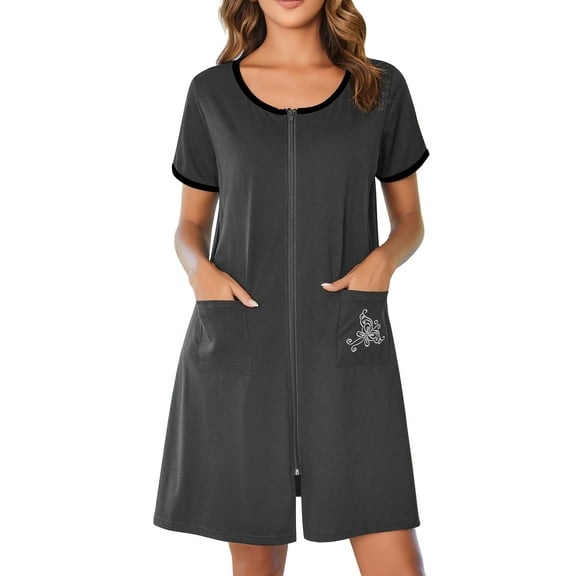 Avidlove Women Zipper Front Robes Short Sleeve House Coat Zip Up Short Loungewear Dress with Pockets Nightgown Sleepwear Bathrobes