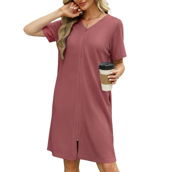 Avidlove Women Zipper Front Robes Waffle Short House Coat Lightweight Bathrobe with Pockets Soft Nightgown S-3XL