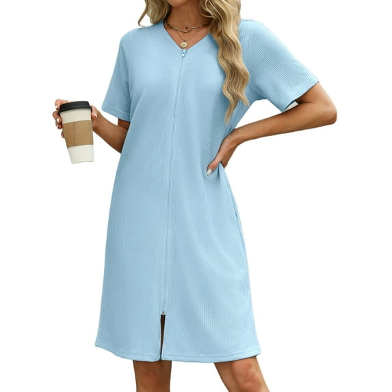 Avidlove Women Zipper Front Robes Waffle Short House Coat Lightweight Bathrobe with Pockets Soft Nightgown S-3XL