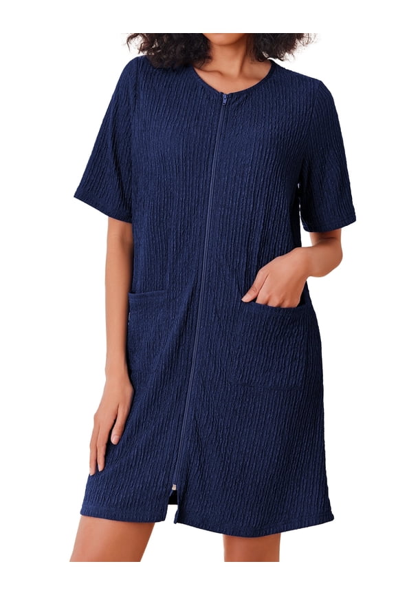 Women Zipper Robes Knit Short Sleeve House Coat Lightweight Zip Up Short Bathrobe with Pockets Soft Nightgown Sleepwear S-XXL