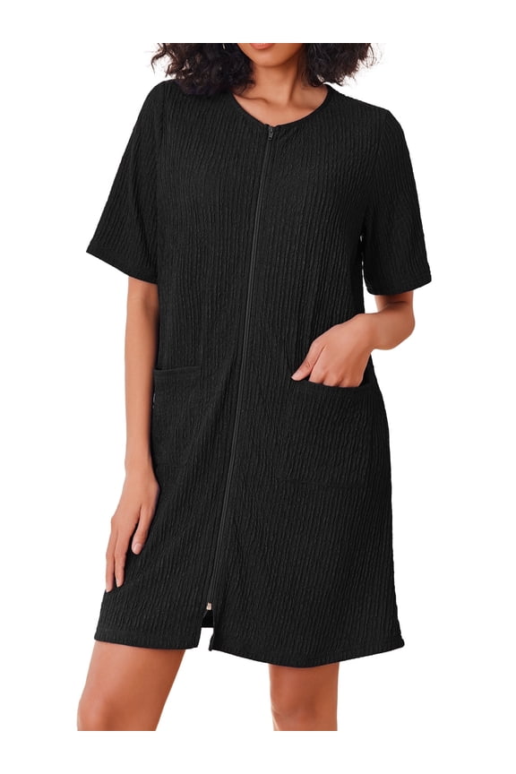 Women Zipper Robes Knit Short Sleeve House Coat Lightweight Zip Up Short Bathrobe with Pockets Soft Nightgown Sleepwear S-XXL