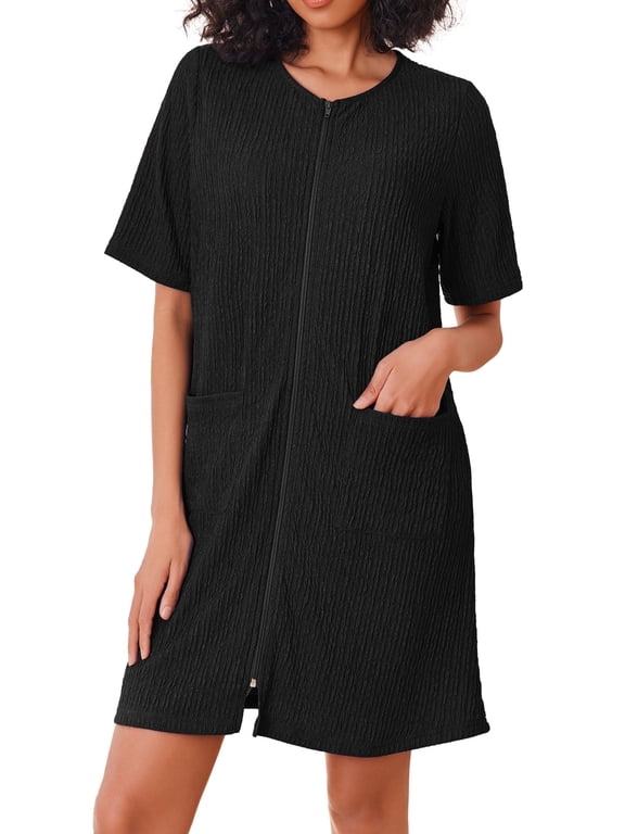 Women Zipper Robes Knit Short Sleeve House Coat Lightweight Zip Up Short Bathrobe with Pockets Soft Nightgown Sleepwear S-XXL