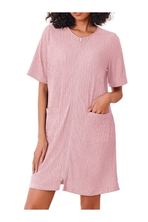 Women Zipper Robes Knit Short Sleeve House Coat Lightweight Zip Up Short Bathrobe with Pockets Soft Nightgown Sleepwear S-XXL