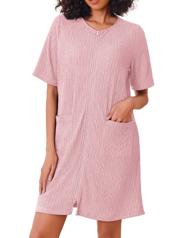 Women Zipper Robes Knit Short Sleeve House Coat Lightweight Zip Up Short Bathrobe with Pockets Soft Nightgown Sleepwear S-XXL