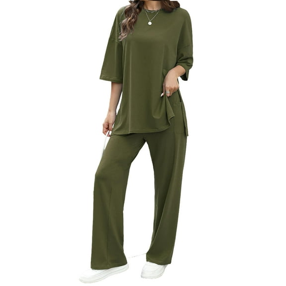 Womens Pajama Set 2 Piece Outfits Short Sleeve Pullover and Wide Leg Pants Casual Trendy Lounge Set