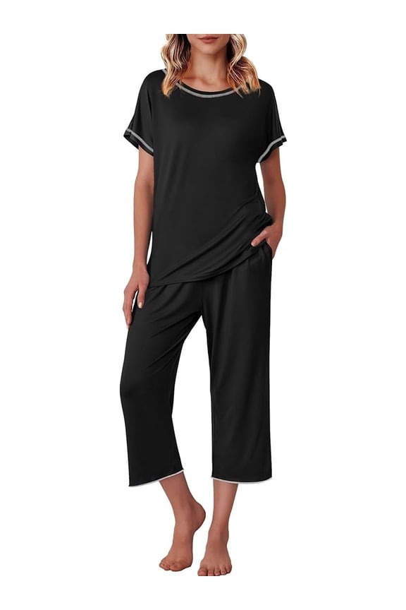 Capri Pajamas Set for Women Short Sleeve Tops and Pants Set with Pocket Soft Matching Pjs Lounge Sets S-2XL