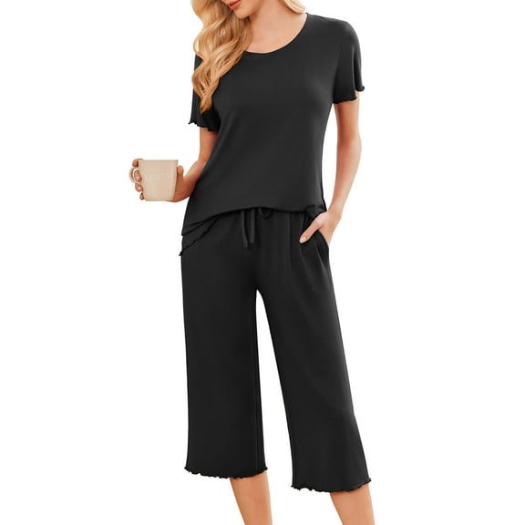 Avidlove Women's Capri Pajama Sets Short Sleeve Two-Piece Pjs V Neck Tops & Pants Black Lounge Sets S-2XL