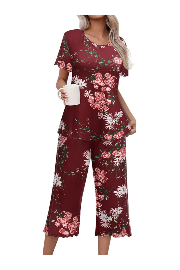Women's Capri Pajama Sets Short Sleeve Two-Piece Pjs V Neck Tops & Pants Printed Lounge Sets S-2XL