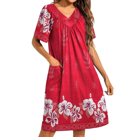 Avidlove Women's House Dress Floral Print Nightgown with Pockets Comfy Short Sleeve Nightdress